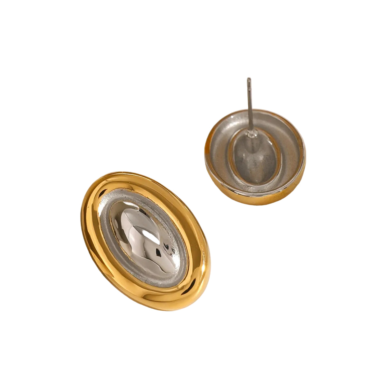 Aretes de Acero con Centro Plateado en Marco Dorado Oval