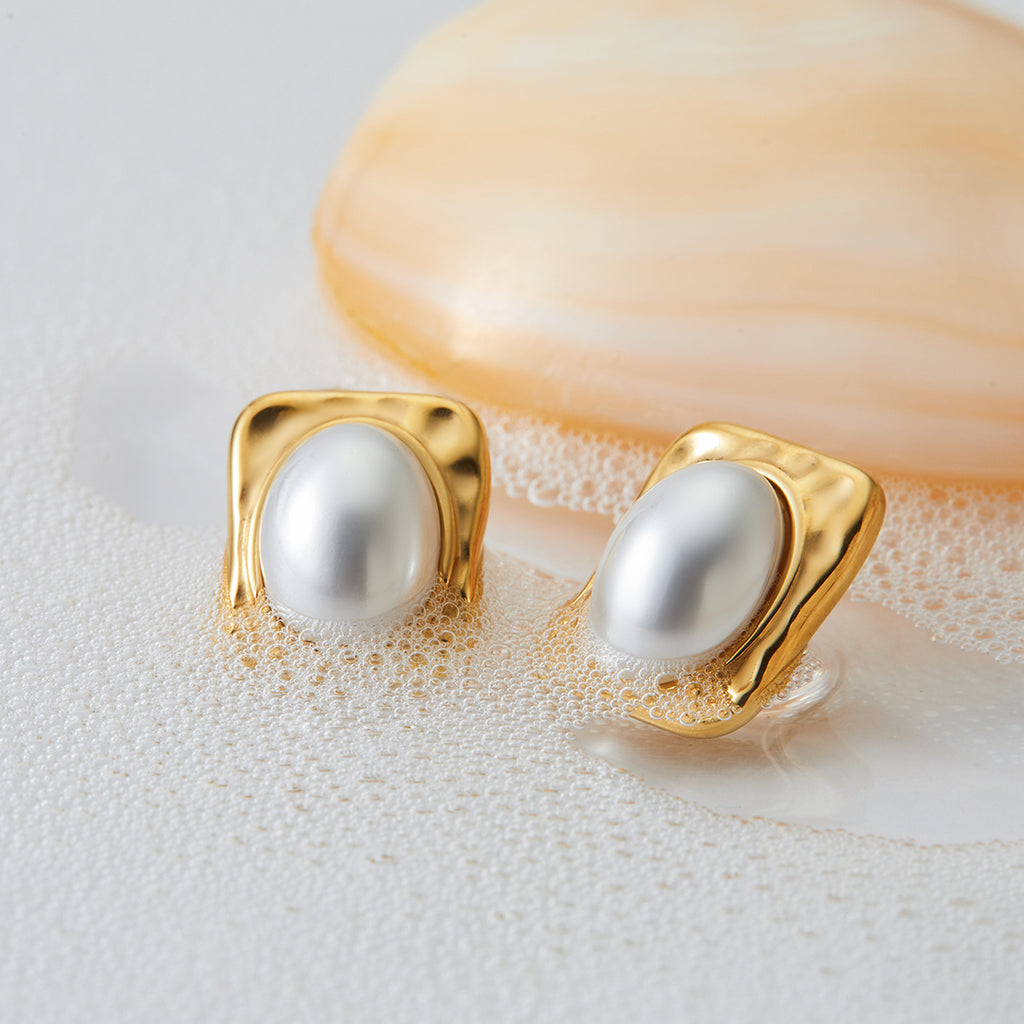 Aretes de Acero con perla y diseño rectangular