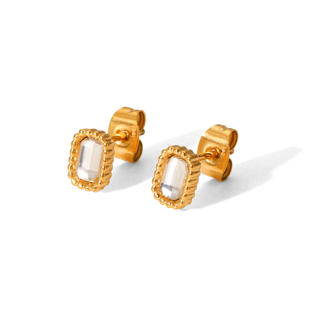 Aretes Stud de Acero con Circonia Rectangular en Marco Beaded