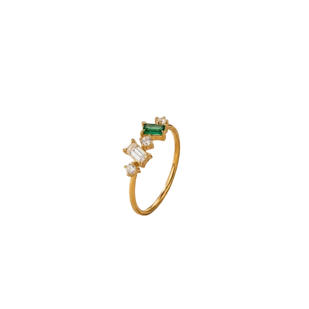Anillo de Acero con Zirconias Baguette y Esmeralda