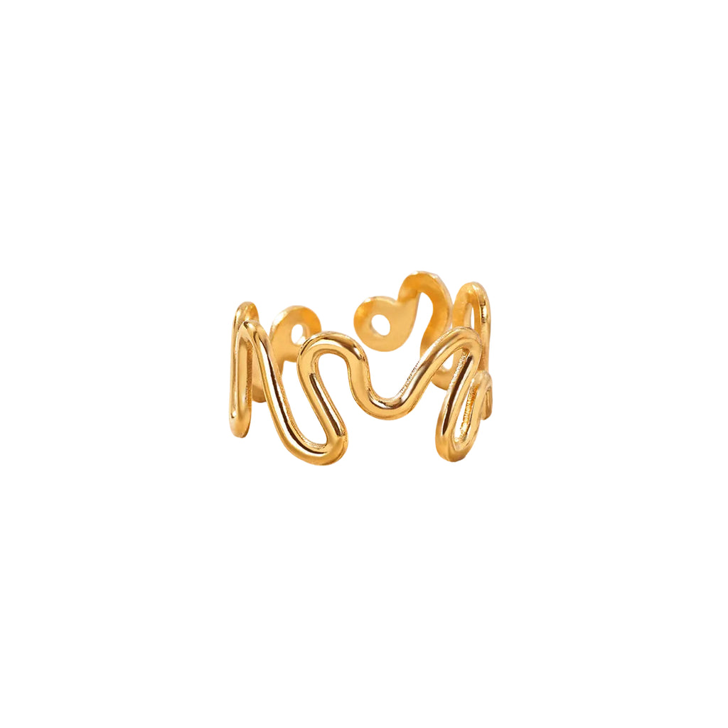 Anillo de Acero con Ondas Abiertas Bañado en Oro