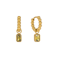 Dorato gold-plated stainless steel hoop earrings with a beaded texture and a rectangular olive green zirconia charm.