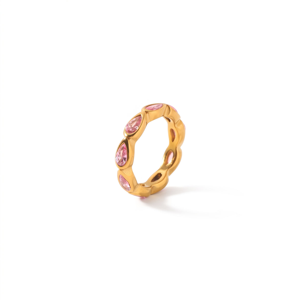 Anillo de Acero con Circones Gota en Pavé Dorado