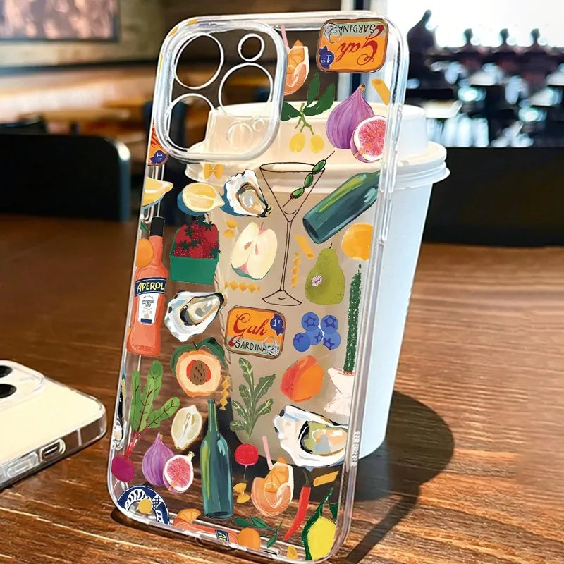 Case con diseño de fruta y botella de vino