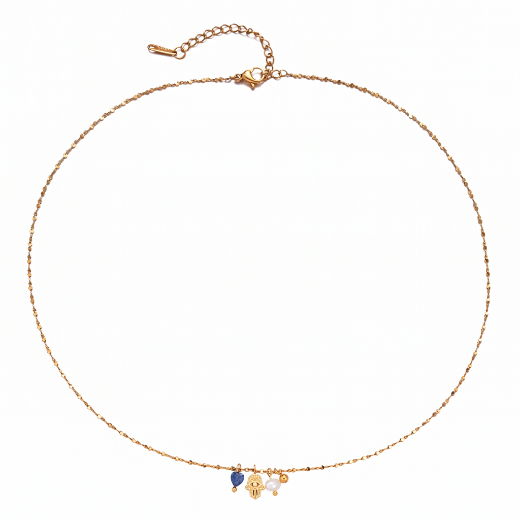 Collar de Acero con Perla y Corazón Azul