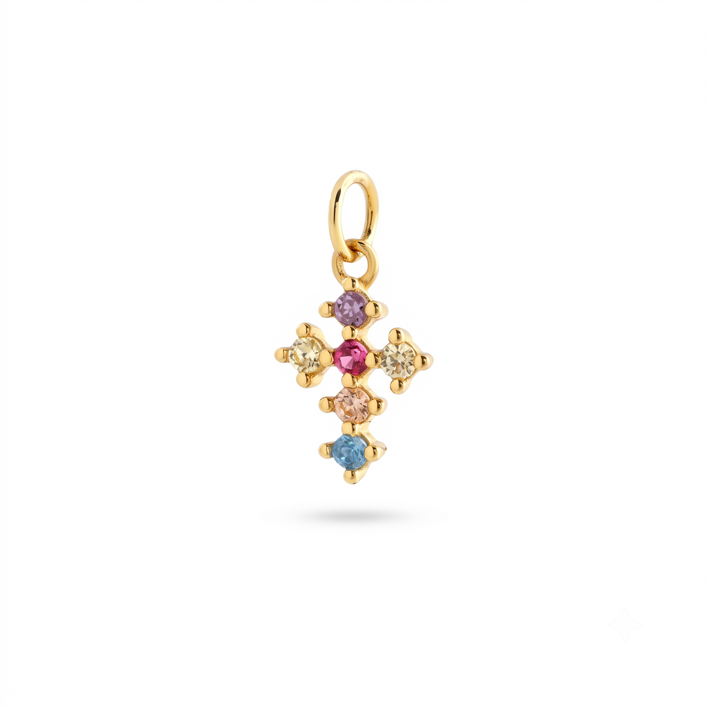 Dije de Plata con Cruz de Zirconias Multicolo con Cadena Box Ajustable