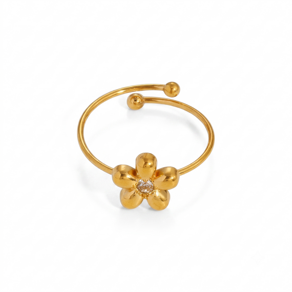 Anillo Abierto de Acero con Flor y Zirconia Central