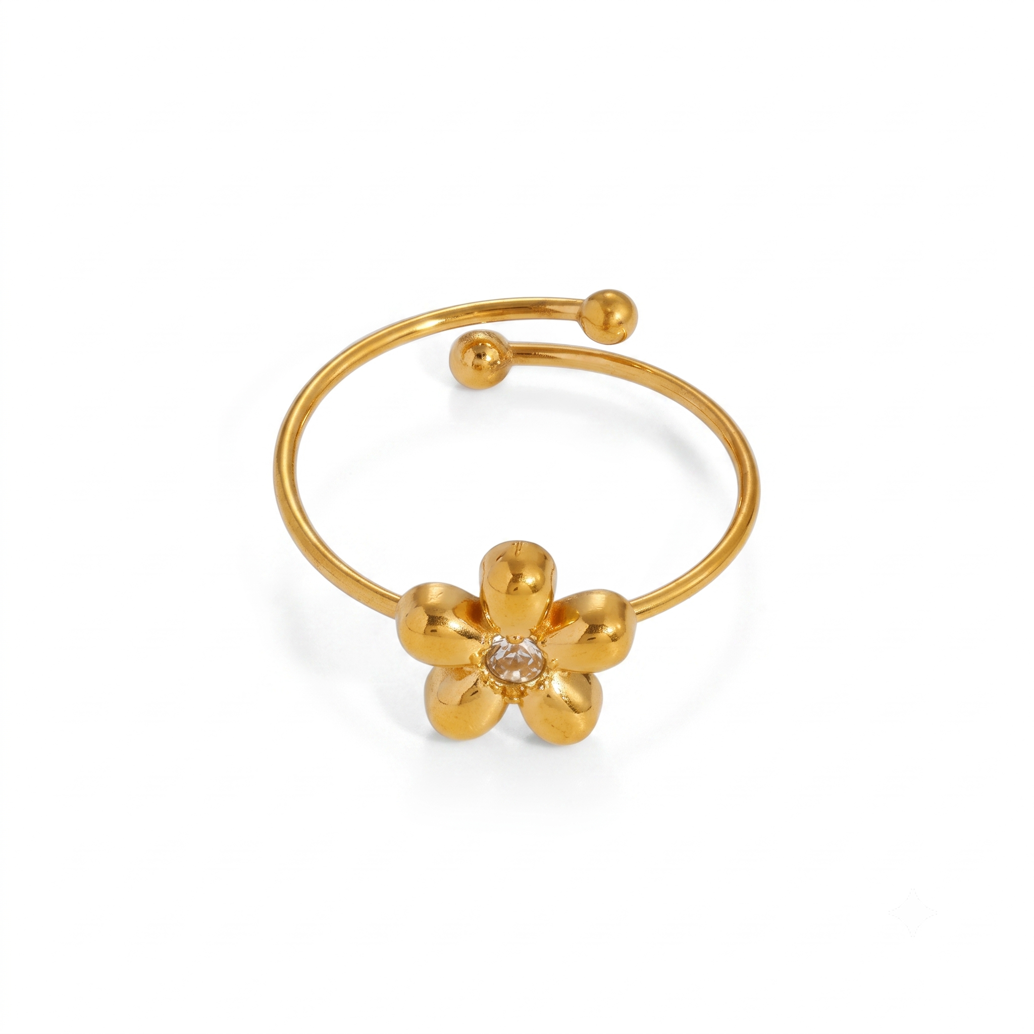 Anillo Abierto de Acero con Flor y Zirconia Central