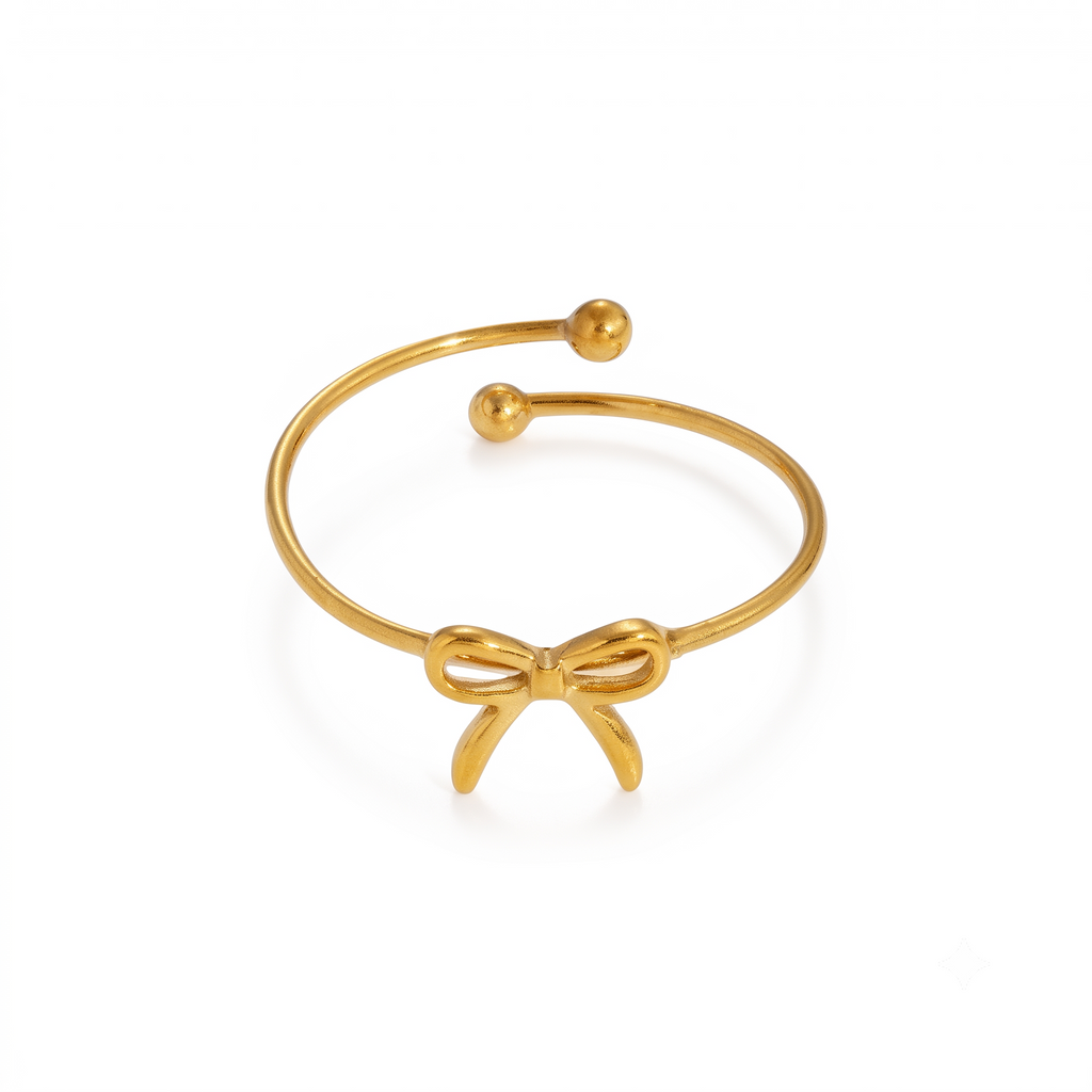 Anillo Abierto de Acero con Moño Dorado