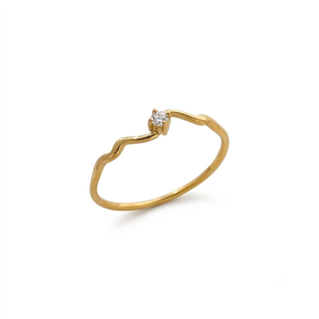 Anillo de Acero con Zirconia Solitaria y Banda Ondulada
