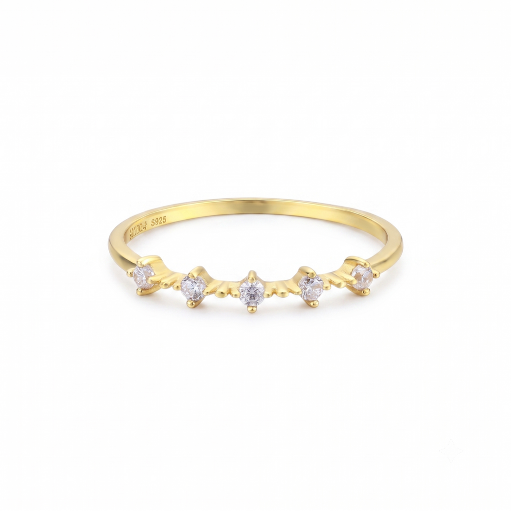Anillo de Plata con Cinco Zirconias y Banda de Esferas