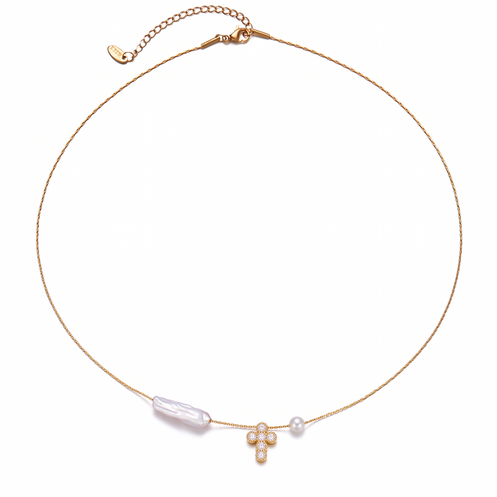 Collar de Acero con Cruz de Circones y Perla Barroca