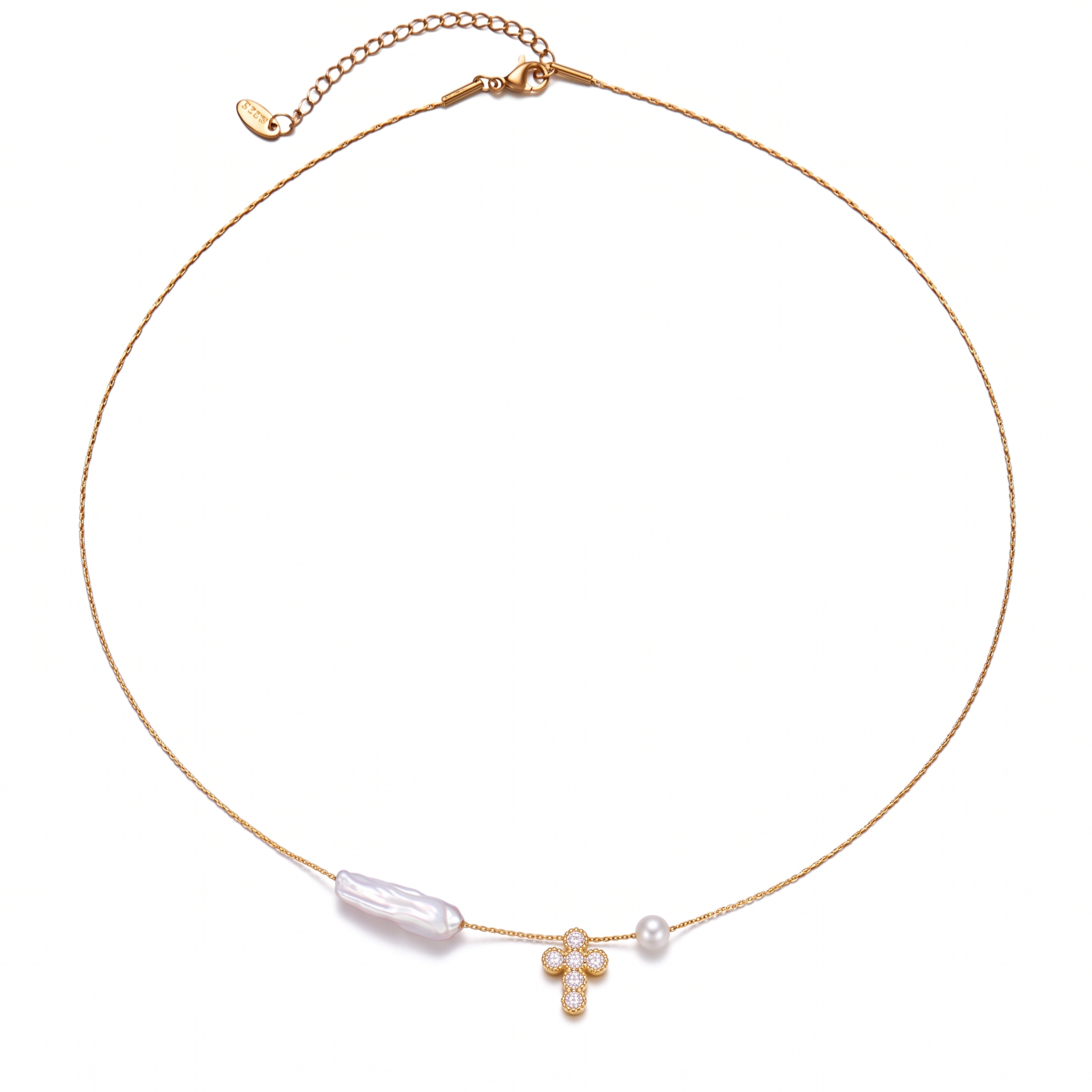 Collar de Acero con Cruz de Circones y Perla Barroca