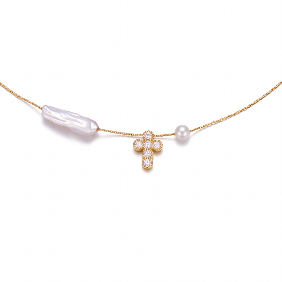Collar de Acero con Cruz de Circones y Perla Barroca