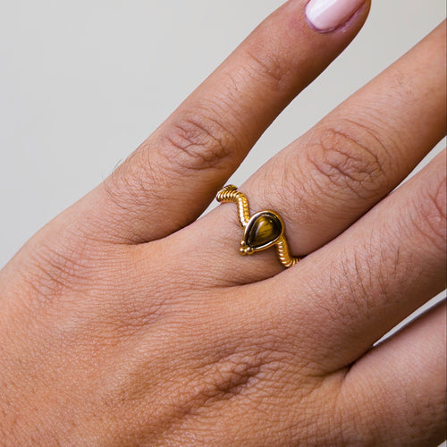 Anillo Abierto de Acero con Ojo de Tigre y Banda Texturizada