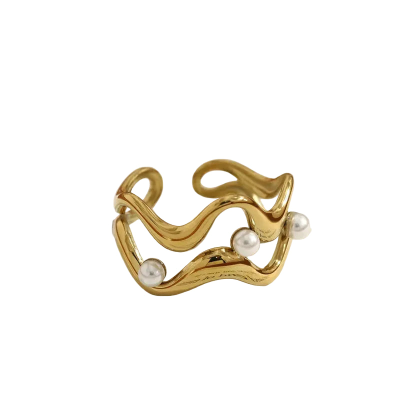 Anillo de Acero con perla y diseño geométrico