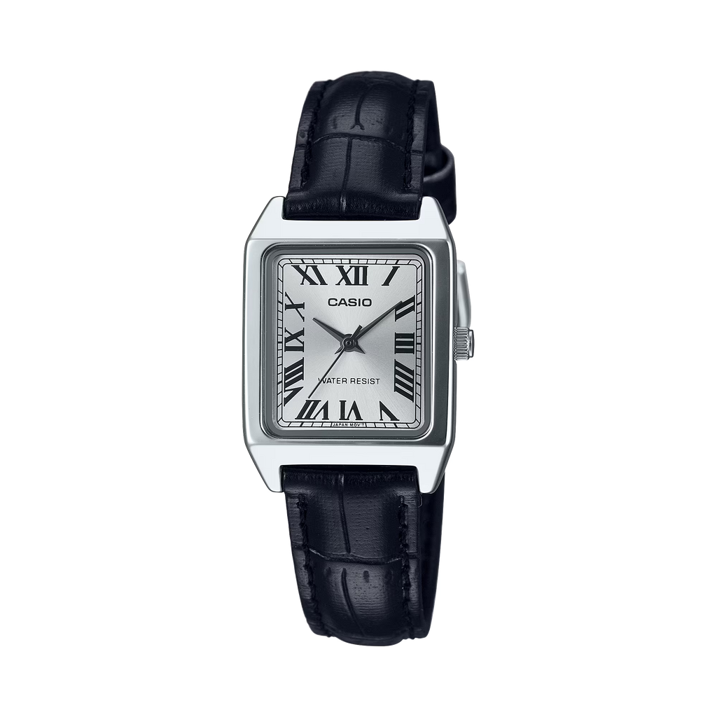 Reloj con correa de cuero negro y esfera blanca