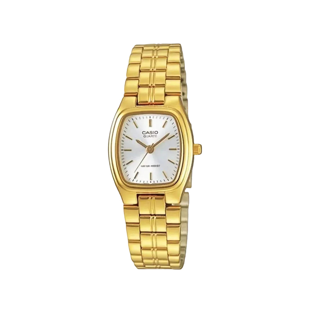Reloj Casio dorado con caja rectangular curva y esfera blanca