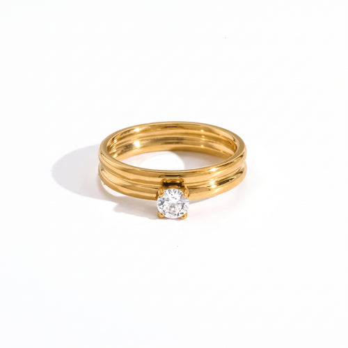 Anillo de Acero con Banda Doble y Zirconia Solitaria