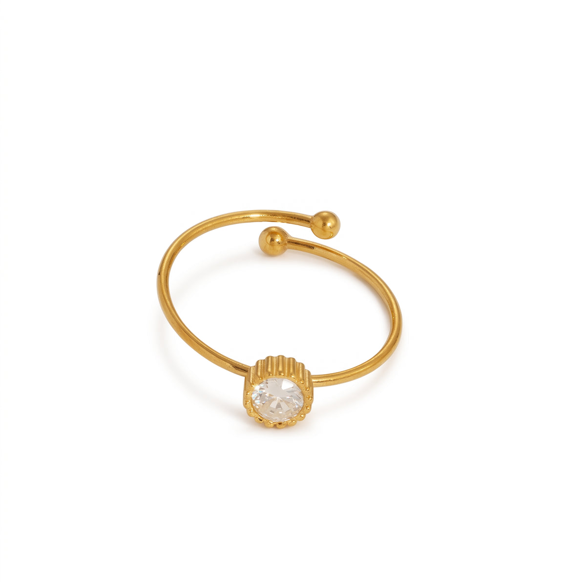 Anillo Abierto de Acero con Zirconia en Montura Estriada