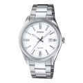 Reloj de acero plateado con esfera blanca y detalles marcados