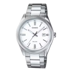Reloj de acero plateado con esfera blanca y detalles marcados