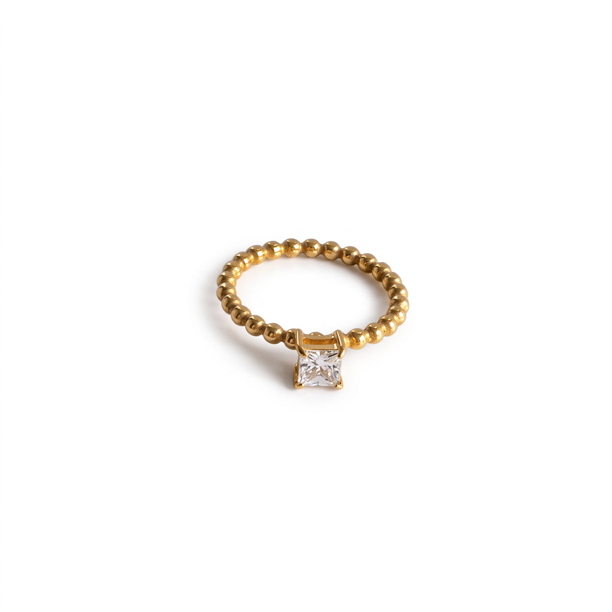 Anillo de Acero con Zirconia Solitaria y Banda de Esferas
