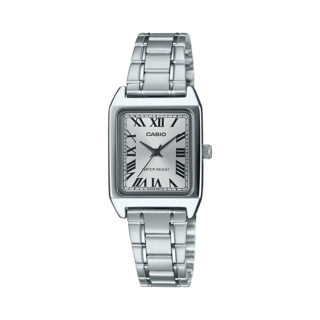 Reloj de acero plateado con esfera plateada