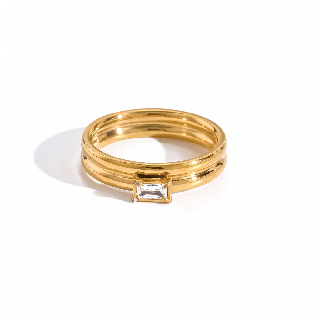 Anillo de Acero con Banda Doble y Zirconia Solitaria